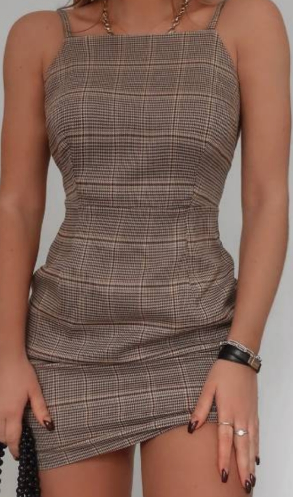 Brown checker print mini dress